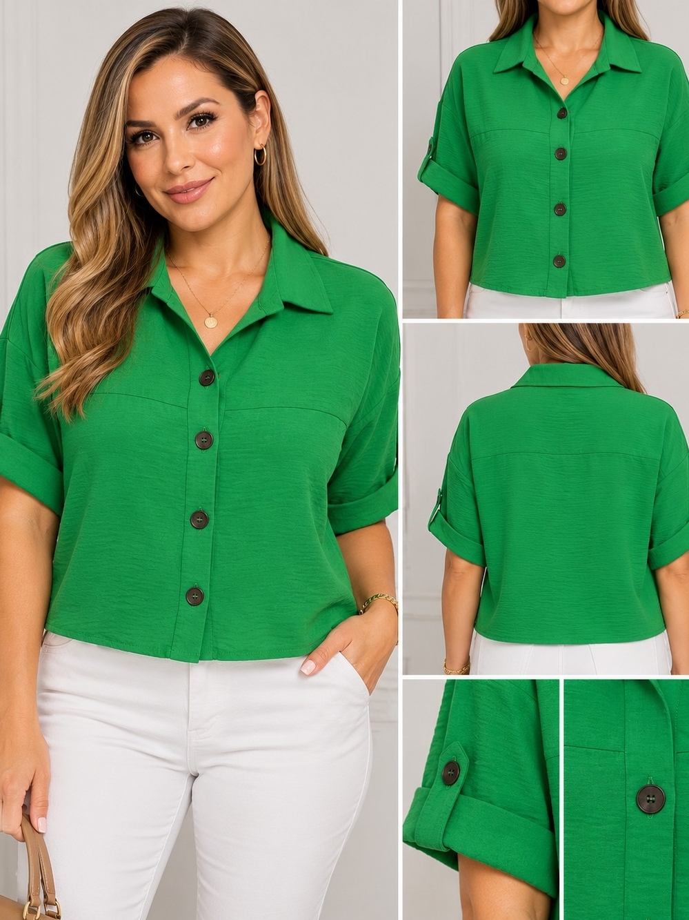 Cropped Button-Front Green Collared Blouse